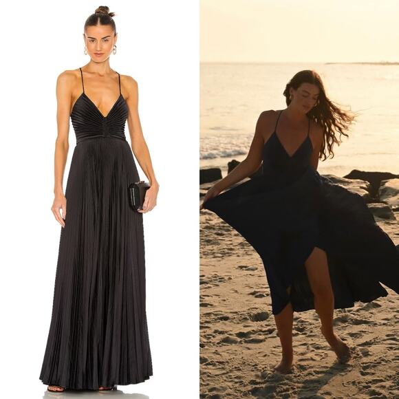 A.L.C. Aries Satin Pleated Maxi Dress Gown Long Cutout Sleeveless Black Size 6 - Picture 1 of 16